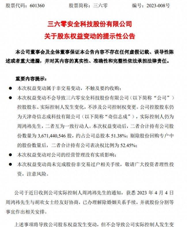 360股票什么时间上市的？前妻分得市值90亿股票