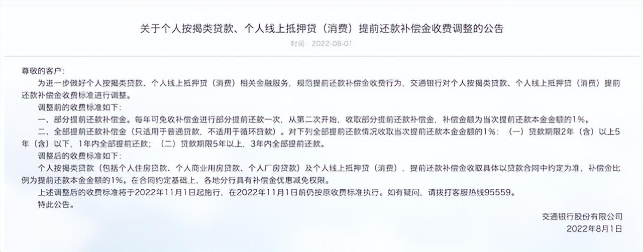 交通银行提前还款补偿金是什么意思？交通银行房贷提前还款补偿金什么意思？